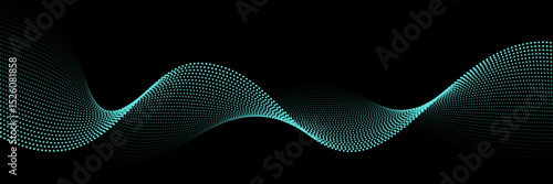 Wave abstract pattern. Flow of blue curved dotted line vector illustration isolated on black background. Dynamic shiny swirl backdrop. Digital, technology, ai, music, modern design element.