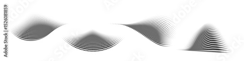 Set of abstract dotted waves. Halftone curved shapes in black color isolated on white background. Curved and twisted gradients forms. Trendy graphic vector illustration.