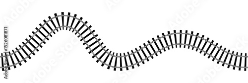 Top view of curved railway isolated on white background. Wavy railroad track with rails and ties. Transportation infographic. Seamless vector illustration.