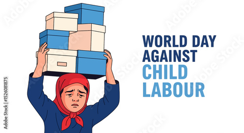 flat vector illustration for World Day Against Child Labour (June 12) : a child struggles to carry bricks, symbolizing exploitation and lost childhood. Raise awareness for child rights and protection