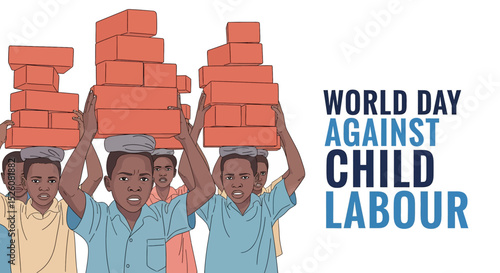 flat vector illustration for World Day Against Child Labour (June 12) : a child struggles to carry bricks, symbolizing exploitation and lost childhood. Raise awareness for child rights and protection