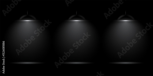 Spotlights on dark stage. Soft overhead light beam from lamps on black empty podium. Realistic vector illustration for product display, award ceremony, or presentation design.