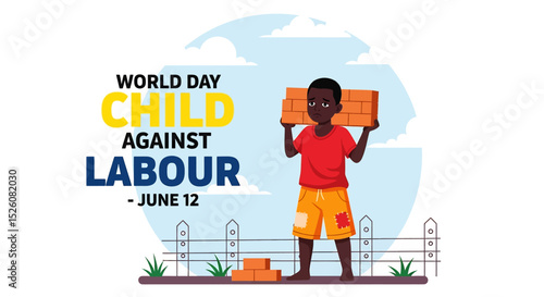 flat vector illustration for World Day Against Child Labour (June 12) : a child struggles to carry bricks, symbolizing exploitation and lost childhood. Raise awareness for child rights and protection