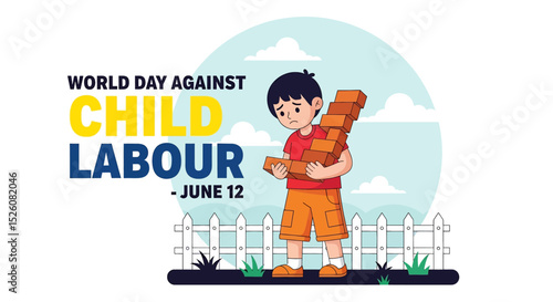 flat vector illustration for World Day Against Child Labour (June 12) : a child struggles to carry bricks, symbolizing exploitation and lost childhood. Raise awareness for child rights and protection