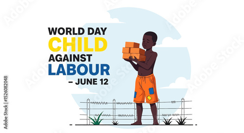 flat vector illustration for World Day Against Child Labour (June 12) : a child struggles to carry bricks, symbolizing exploitation and lost childhood. Raise awareness for child rights and protection