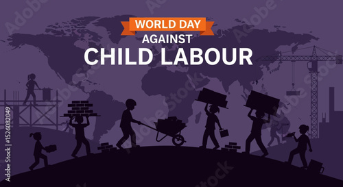 Powerful flat vector illustration for World Day Against Child Labour: Silhouettes of children toiling on a construction site with bricks and cranes, set against a global map. end to child exploitation