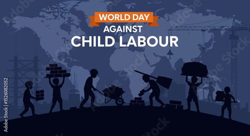 Powerful flat vector illustration for World Day Against Child Labour: Silhouettes of children toiling on a construction site with bricks and cranes, set against a global map. end to child exploitation