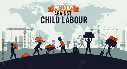 Powerful flat vector illustration for World Day Against Child Labour: Silhouettes of children toiling on a construction site with bricks and cranes, set against a global map. end to child exploitation