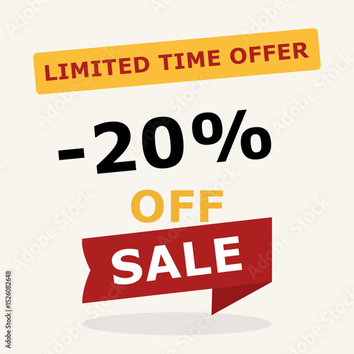 20 percent off sale banner. Limited time offer message with bold discount in red and black. Vector illustration for promotion, e-commerce and marketing.