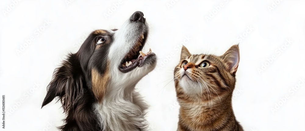 Fototapeta premium close-up of a happy black and white dog and a brown tabby cat looking upwards on a white background