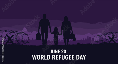 Adobe Illustrator flat vector for World Refugee Day (June 20): a family silhouetted, carries their belongings, symbolizing displacement and migration. Barbed wire fences emphasize their plight