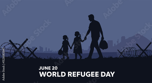 Adobe Illustrator flat vector for World Refugee Day (June 20): a family silhouetted, carries their belongings, symbolizing displacement and migration. Barbed wire fences emphasize their plight