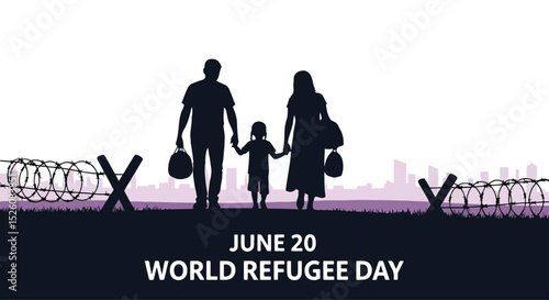 Adobe Illustrator flat vector for World Refugee Day (June 20): a family silhouetted, carries their belongings, symbolizing displacement and migration. Barbed wire fences emphasize their plight