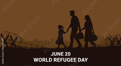 Adobe Illustrator flat vector for World Refugee Day (June 20): a family silhouetted, carries their belongings, symbolizing displacement and migration. Barbed wire fences emphasize their plight