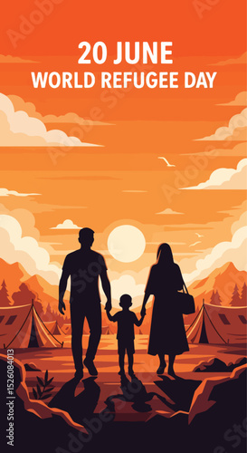 Adobe Illustrator flat vector for World Refugee Day (June 20): a family silhouetted, carries their belongings, symbolizing displacement and migration. Barbed wire fences emphasize their plight