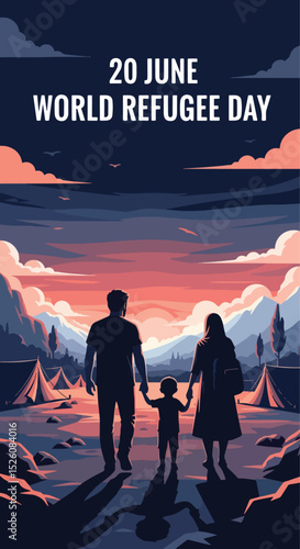 Adobe Illustrator flat vector for World Refugee Day (June 20): a family silhouetted, carries their belongings, symbolizing displacement and migration. Barbed wire fences emphasize their plight