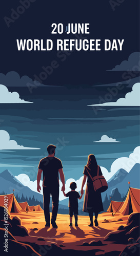 Adobe Illustrator flat vector for World Refugee Day (June 20): a family silhouetted, carries their belongings, symbolizing displacement and migration. Barbed wire fences emphasize their plight