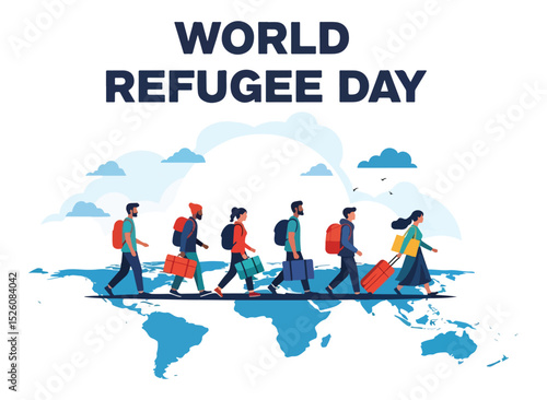 Flat vector illustration for World Refugee Day: A diverse group of refugees, including men and women with luggage, walk across a globe, symbolizing mass displacement and humanitarian challenges