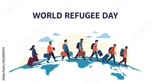 Flat vector illustration for World Refugee Day: A diverse group of refugees, including men and women with luggage, walk across a globe, symbolizing mass displacement and humanitarian challenges
