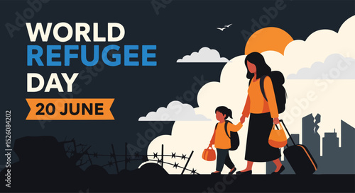 Adobe Illustrator Artwork flat vector illustration for World Refugee Day (June 20): a mother and child journey across a barbed wire, symbolizing their arduous journey for safety and a new beginning