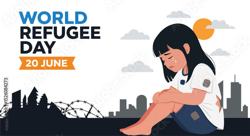 Adobe Illustrator Artwork flat vector illustration for World Refugee Day (June 20): A lone, tearful child sits amidst a desolate landscape with barbed wire and ruined buildings, symbolizing the plight