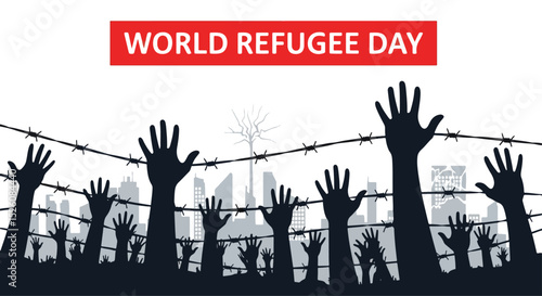 Adobe Illustrator Artwork flat vector illustration for World Refugee Day: diverse hands reach through barbed wire against a crumbling cityscapes, symbolizing displacement and hope for freedom