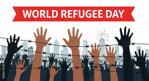 Adobe Illustrator Artwork flat vector illustration for World Refugee Day: diverse hands reach through barbed wire against a crumbling cityscapes, symbolizing displacement and hope for freedom