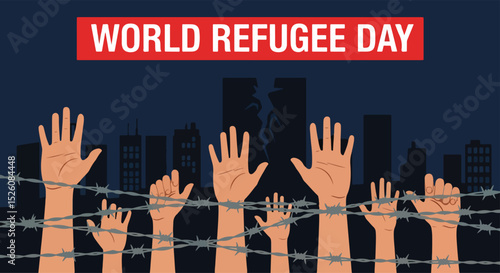 Adobe Illustrator Artwork flat vector illustration for World Refugee Day: diverse hands reach through barbed wire against a crumbling cityscapes, symbolizing displacement and hope for freedom