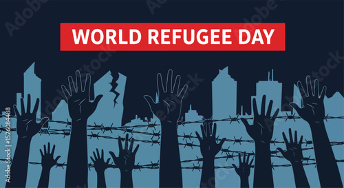 Adobe Illustrator Artwork flat vector illustration for World Refugee Day: diverse hands reach through barbed wire against a crumbling cityscapes, symbolizing displacement and hope for freedom