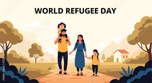 Adobe Illustrator flat vector for World Refugee Day (June 20): a family silhouetted, carries their belongings, symbolizing displacement and migration. Barbed wire fences emphasize their plight