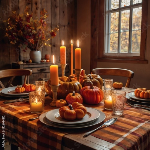 Autumn Thanksgiving Table with Pumpkins, Candles, and Leaves

