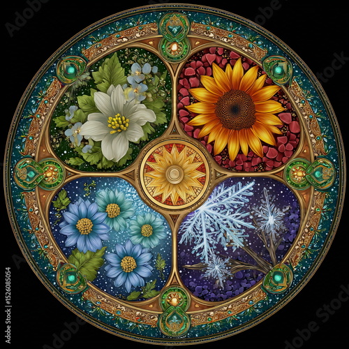 Artistic mandala divided into four seasonal sections—each rich in flowers, textures, and colors. From snow to sunflowers, this detailed artwork captures the rhythm of the year beautifully.

