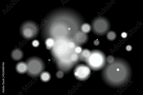 White glowing bokeh. Soft blurred orbs of different size with smooth edges on black background. Suitable for abstract, festive, light, dreamy, atmosphere visuals.