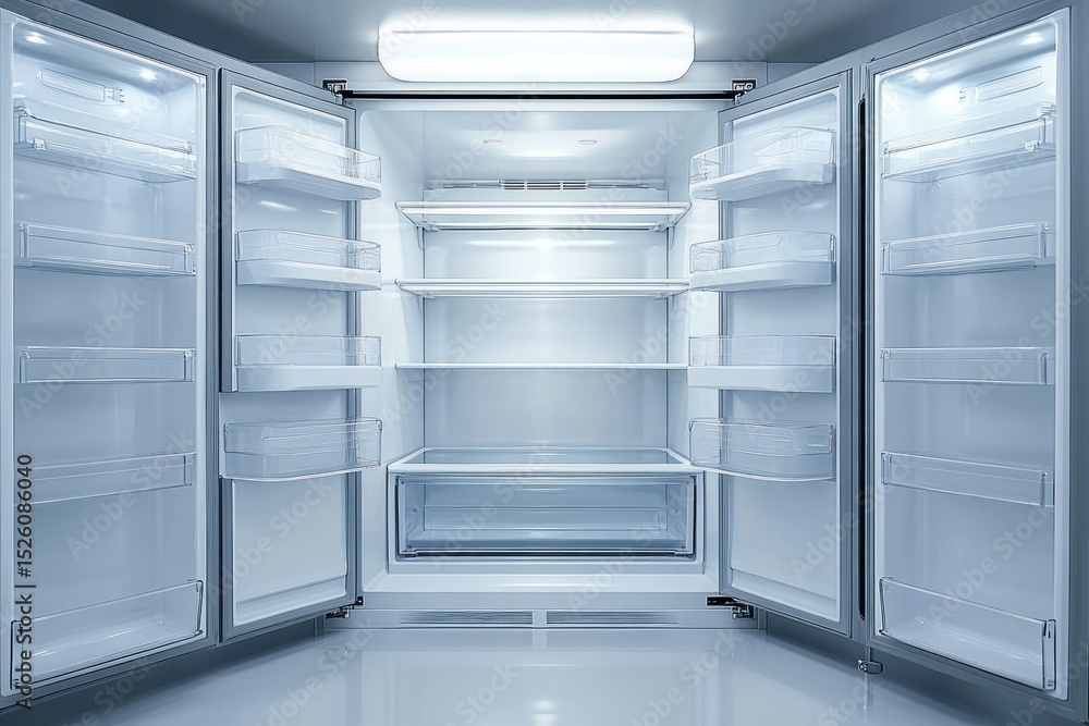 Empty modern refrigerator with open double doors revealing multiple clear shelves and compartments inside bright white interior light Empty modern refrigerator with open double doors revealing multiple clear shelves and compartments inside bright white interior light