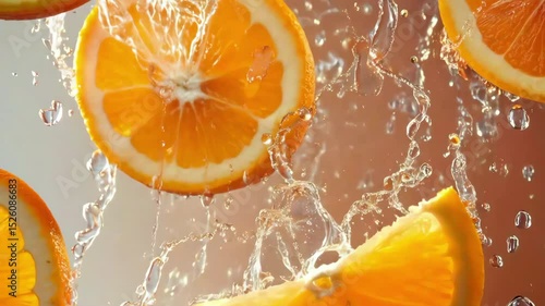 Close-up shot of juicy orange slices and water splashes in the air, showing the fruit freshness.