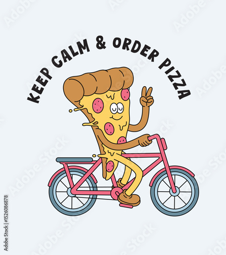 pizza riding a bike retro cartoon illustration