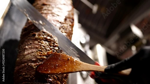 Close-up of sharp knife slicing juicy layers of grilled shawarma meat under warm light.