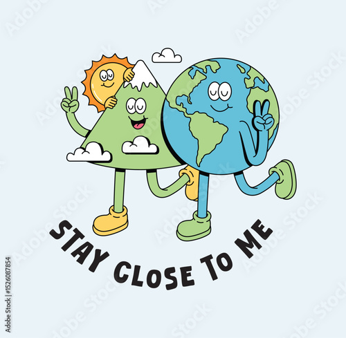 earth and mountain together retro cute illustration