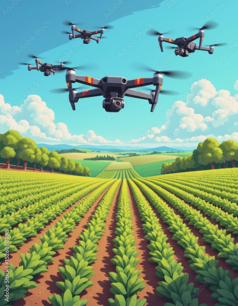 Drones mapping agricultural field rows from above, showcasing modern farming technology Drones mapping agricultural field rows from above, showcasing modern farming technology