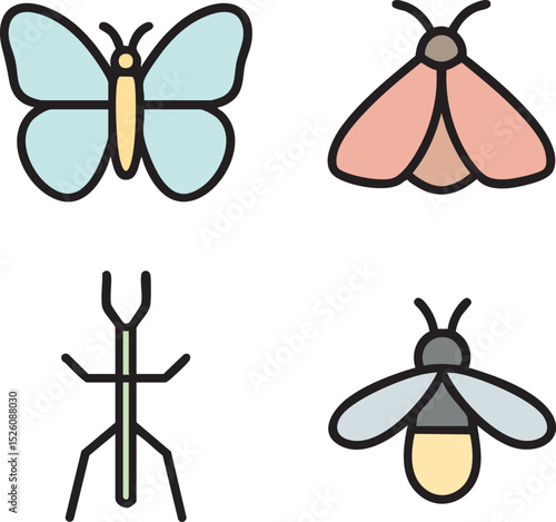 Butterfly moth stick insect firefly icon set