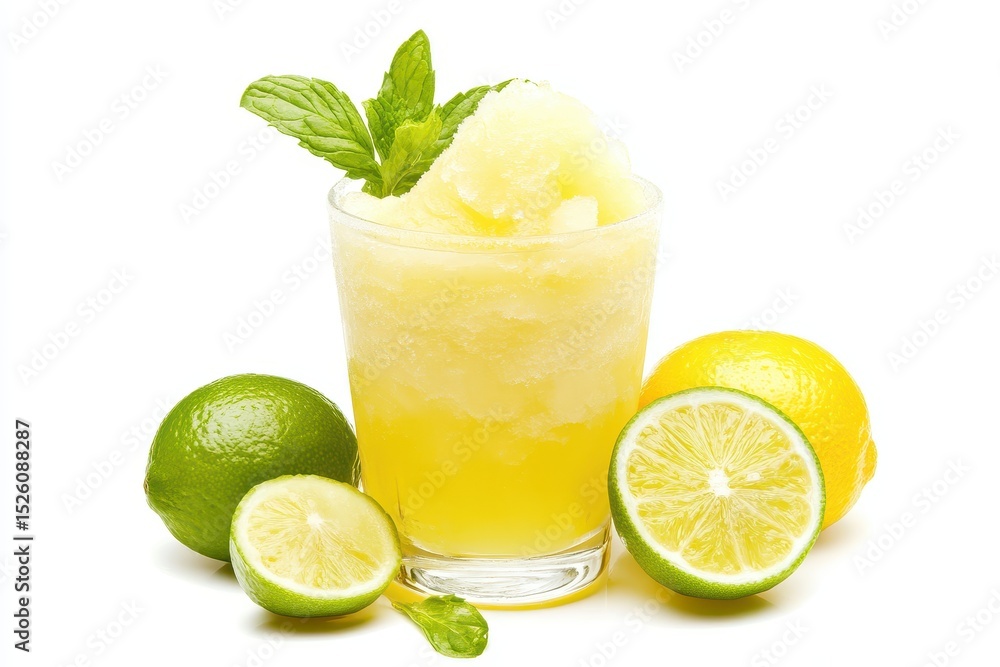 Refreshing frozen daiquiri served in a clear glass with mint and citrus fruits on a white background for summer enjoyment Refreshing frozen daiquiri served in a clear glass with mint and citrus fruits on a white background for summer enjoyment
