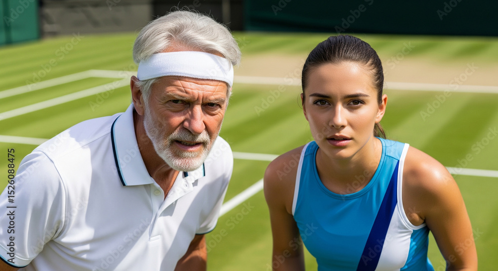Obraz premium Close-up of a gray-haired elderly tennis player and a tennis player on a tennis court background