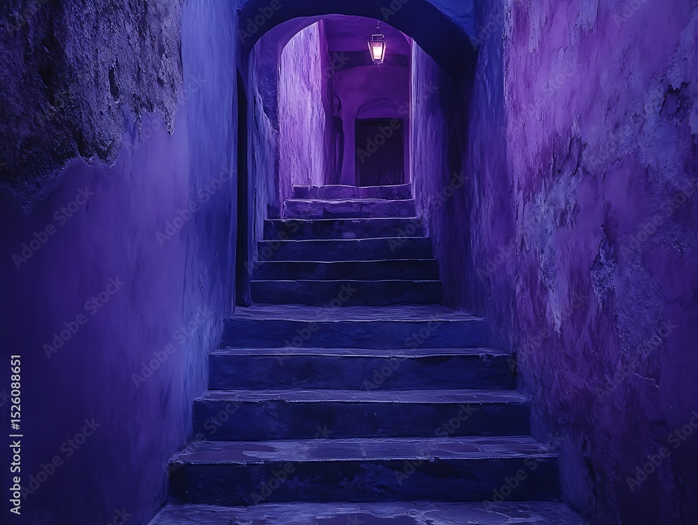 Fototapeta premium Mysterious staircase leading into a violet-illuminated tunnel, an intriguing ascent