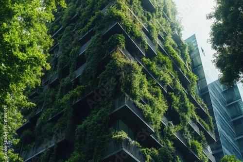 Wallpaper Mural Carbon emission reduction initiative showcased in a green building covered with lush vegetation amidst urban setting Torontodigital.ca