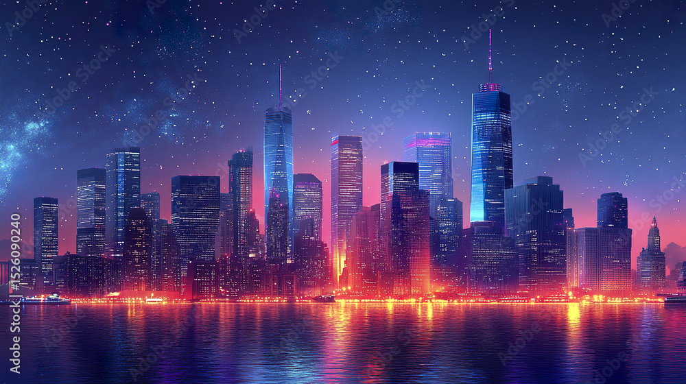 Fototapeta premium vibrant night skyline of modern city with illuminated buildings reflecting on water