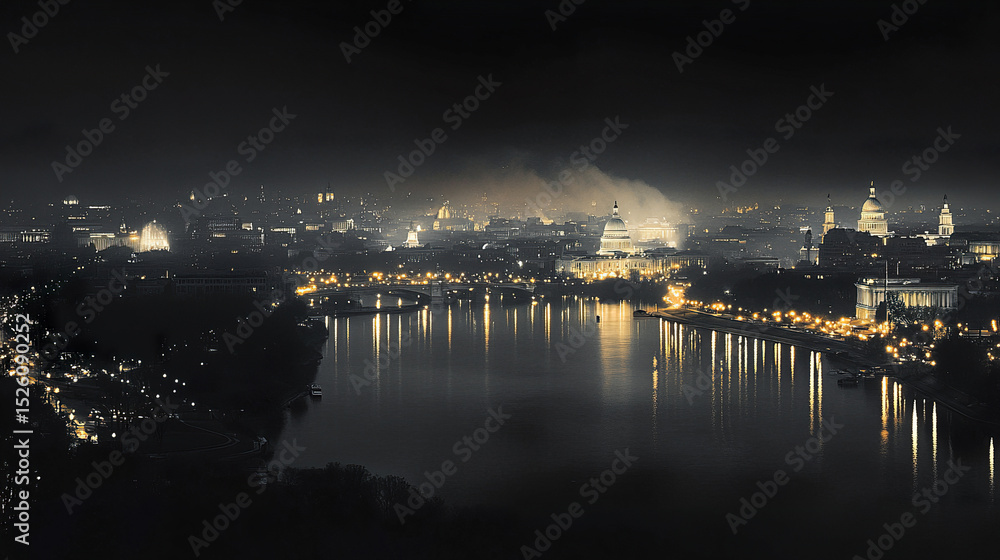 Fototapeta premium stunning panoramic view of Washington D.C. night, showcasing illuminated skyline and reflections