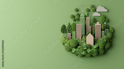 AI generator images of Paper cut out city with green buildings surrounded by trees and plants green eco city on nature Green city and earth day concept Care for the environment and ecology World 
