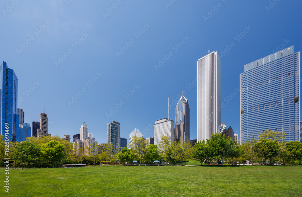 Sunny view of downtown Chicago with iconic skyscrapers rising above a lush green park meadow Sunny view of downtown Chicago with iconic skyscrapers rising above a lush green park meadow
