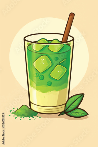 A stylish vector illustration of iced matcha latte, showing layered green tones and ice cubes. Presented with matcha powder and tea leaves around the base. Suitable for trendy beverage design.