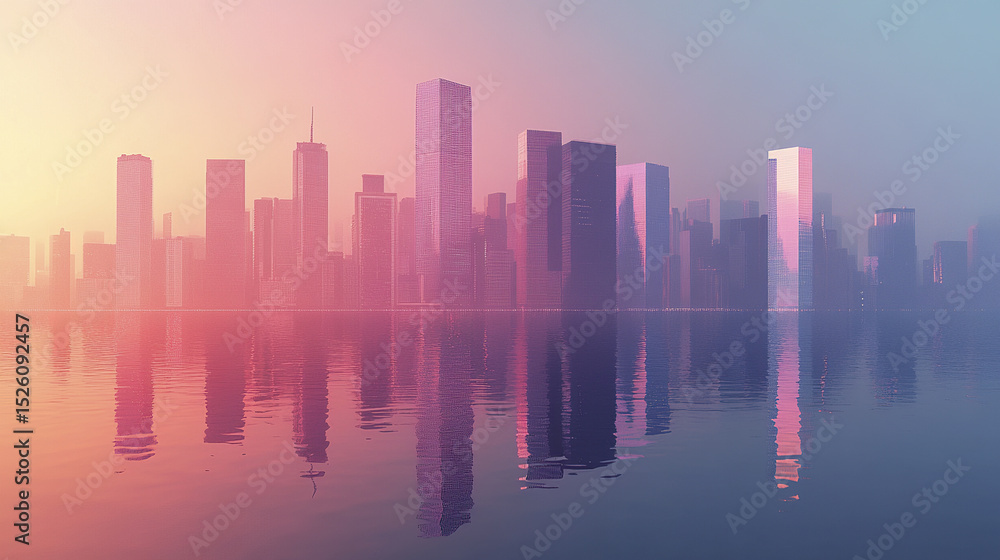 Fototapeta premium serene skyline at dawn reflects beautifully on calm waters, showcasing modern architecture